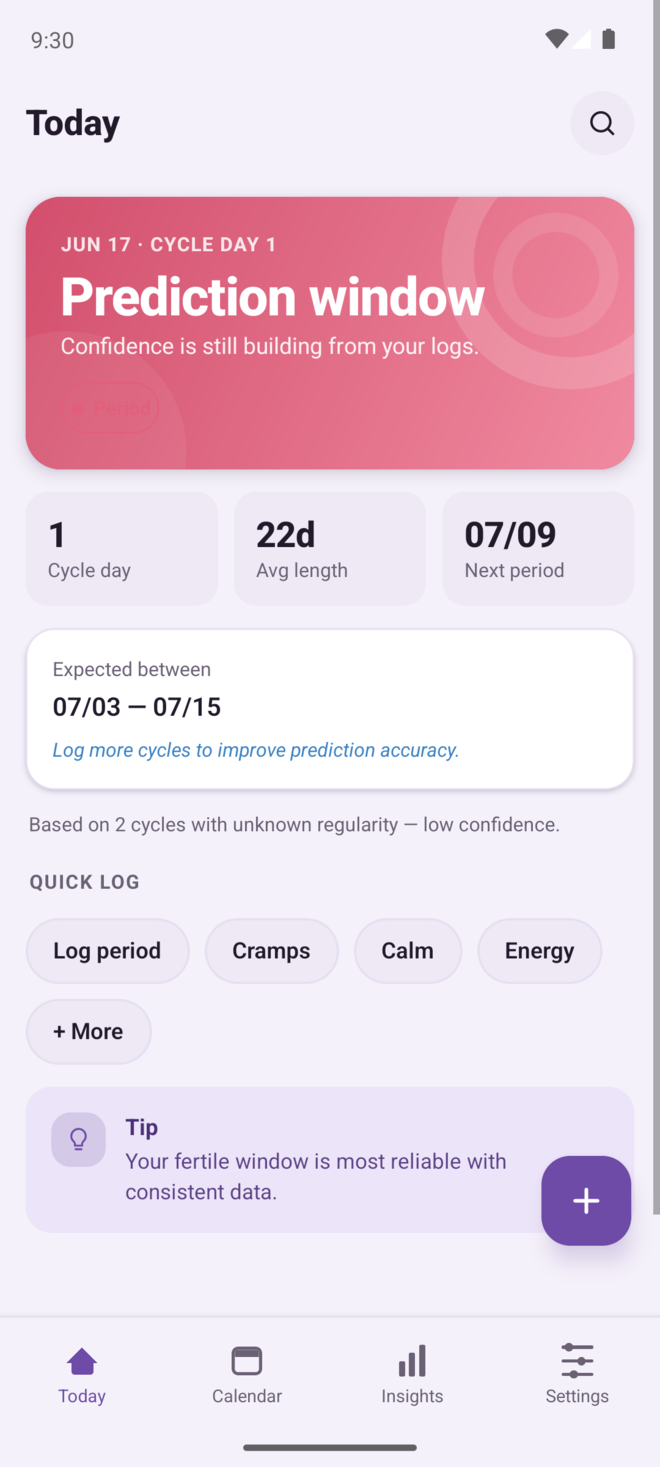 Home screen showing next period prediction with a confidence range