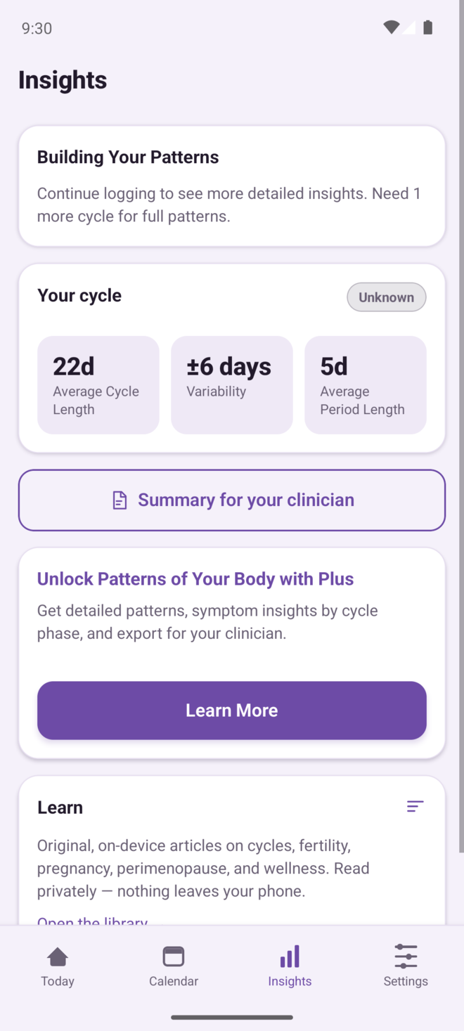 Insights screen with average cycle length, variability and a clinician summary button