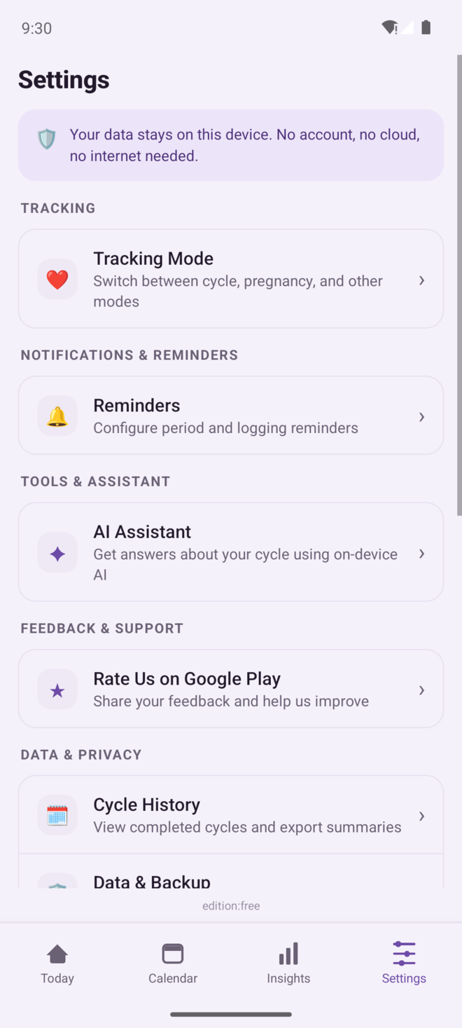 Privacy controls screen showing on-device data and connected-feature toggles