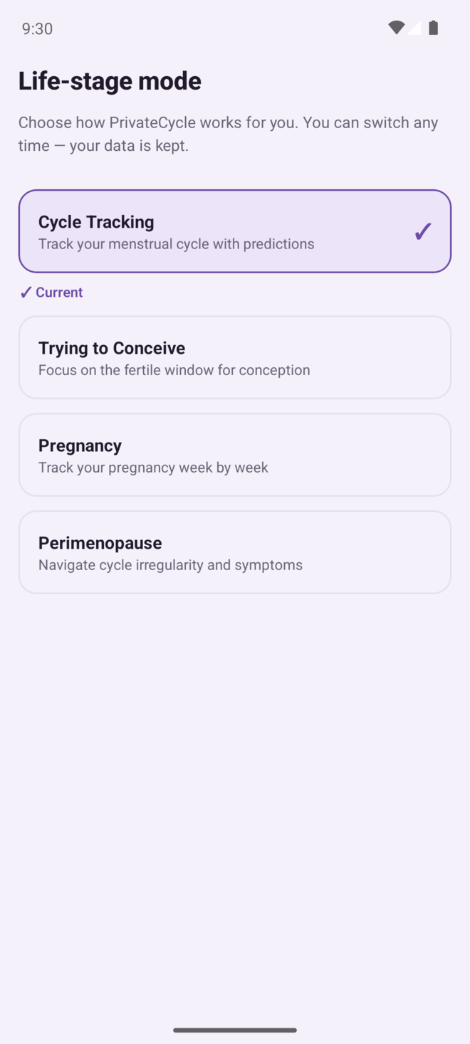 Mode selection between cycle, trying to conceive, pregnancy and perimenopause