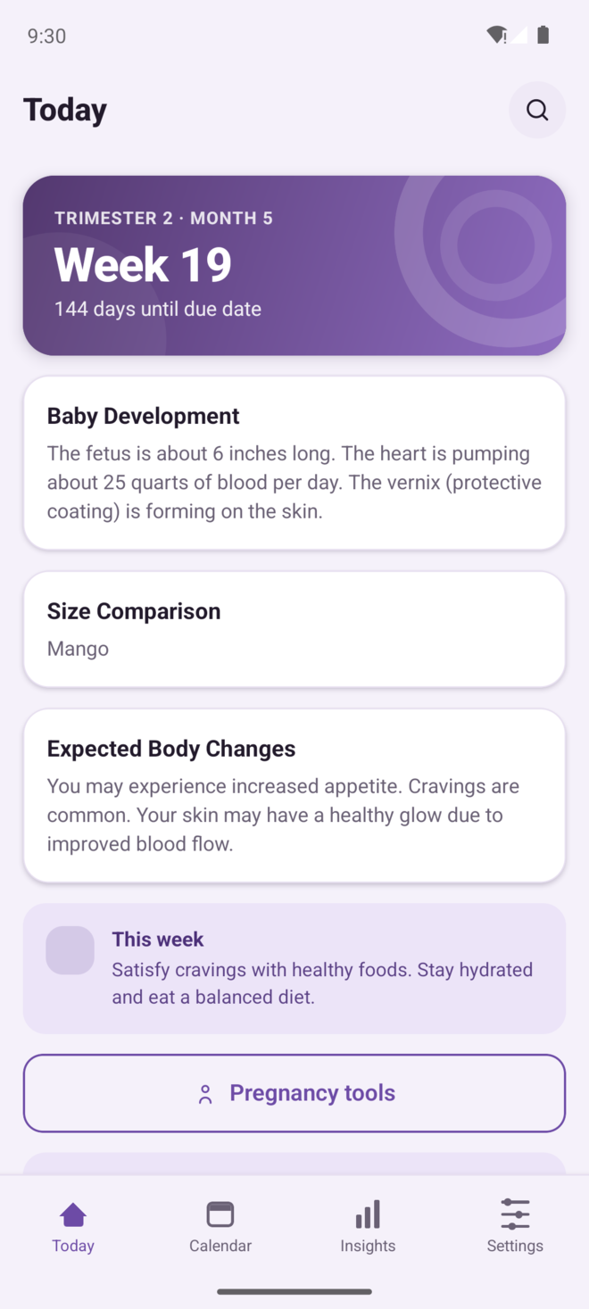 Pregnancy mode showing week 19, baby development and size comparison